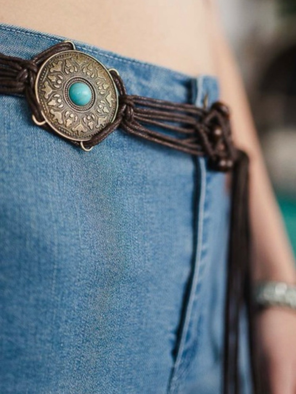 Bohemian Turquoise Medallion Brown Leather Waist Belt
